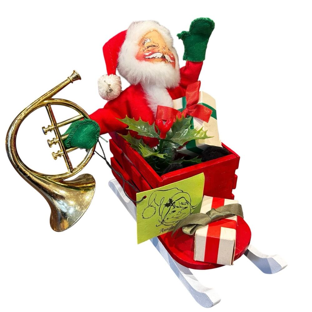 ANNALEE Mobilitee 1960s Felt Santa Wooden Sleigh Horn Gifts Made in the USA